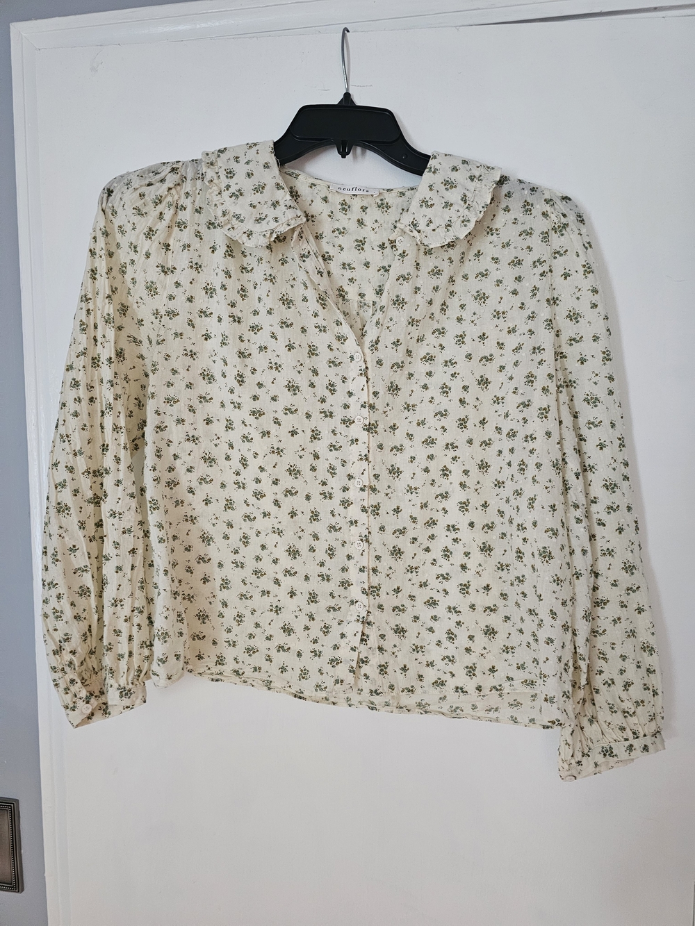 Cream Floral Button-Front Blouse with Ruffle Collar
